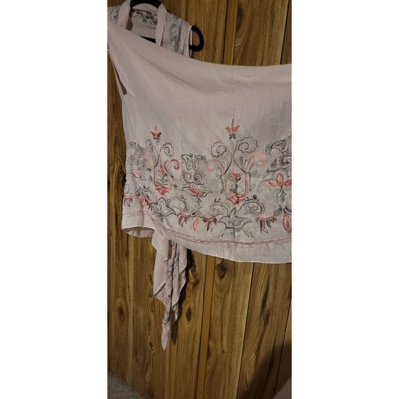 2 white sheer open cardigans with colorful designs at hem - Picture 9 of 13